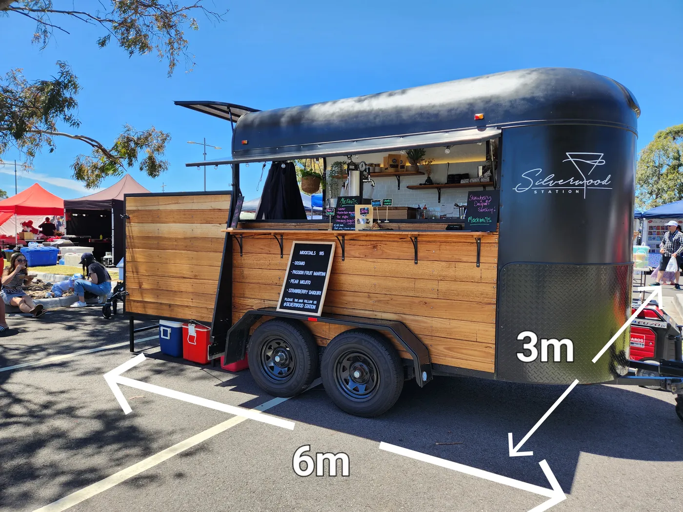 Silverwood Station float with a guide showing the 3 by 6 metre space the bar needs